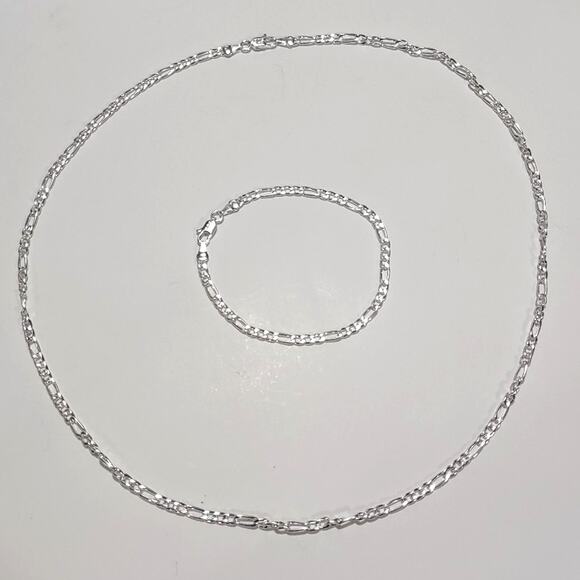 925 Silver Plated Necklace & Bracelet Figaro Chain Christmas Birthday Valentines